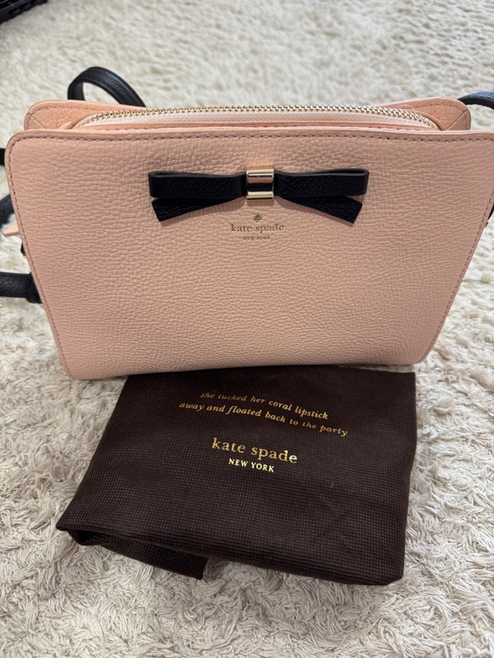 kate spade Blush Pink Leather Crossbody with Black Bow Accent